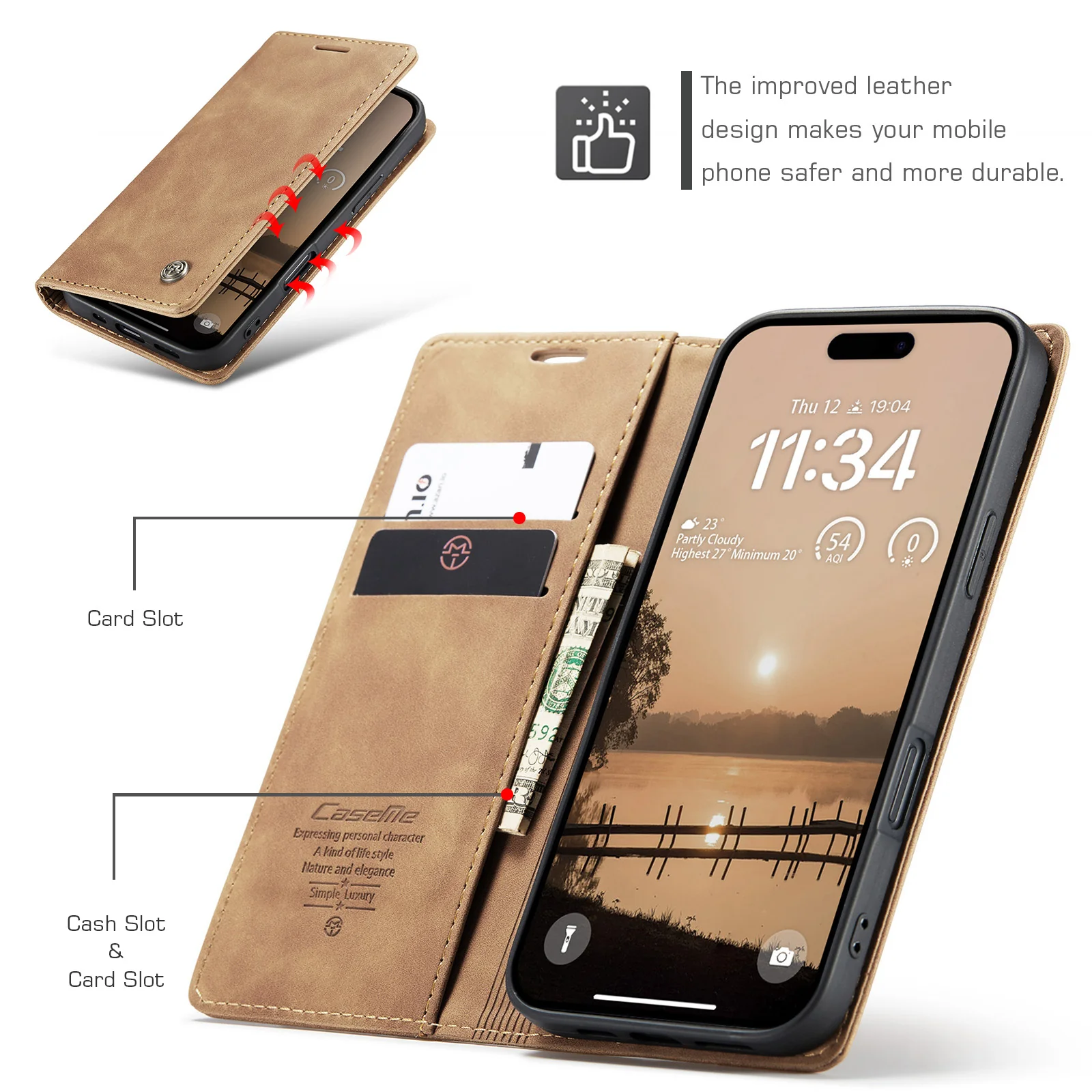 For iPhone 17 Pro Max Wallet Case CASEME 013 Series PU Leather Phone Cover Stand - Brown - Image 3