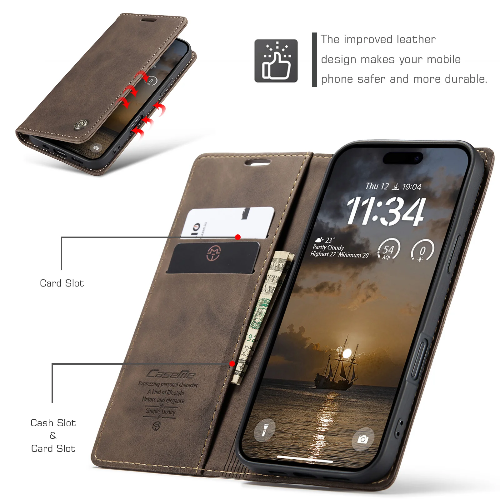 For iPhone 17 Pro Max Wallet Case CASEME 013 Series PU Leather Phone Cover Stand - Coffee - Image 3