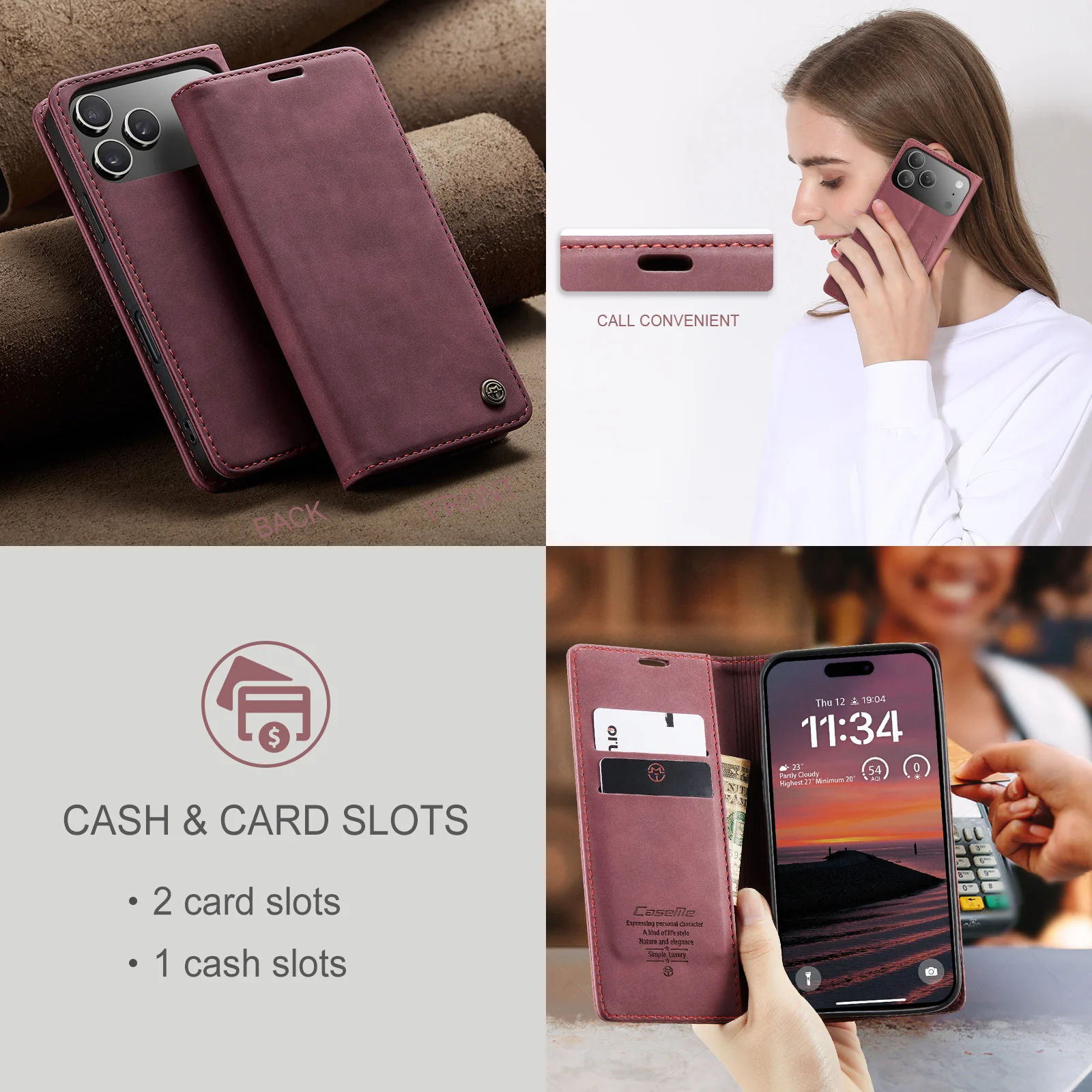 For iPhone 17 Pro Max Wallet Case CASEME 013 Series PU Leather Phone Cover Stand - Red - Image 8
