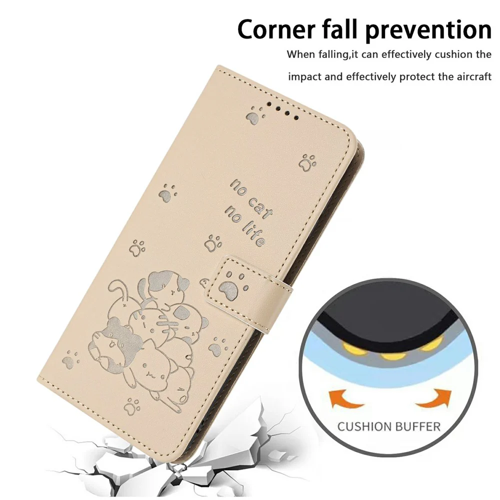 For iPhone 17 Pro Max Wallet Case Cats Imprint Leather Phone Cover with Strap - Beige - Image 5