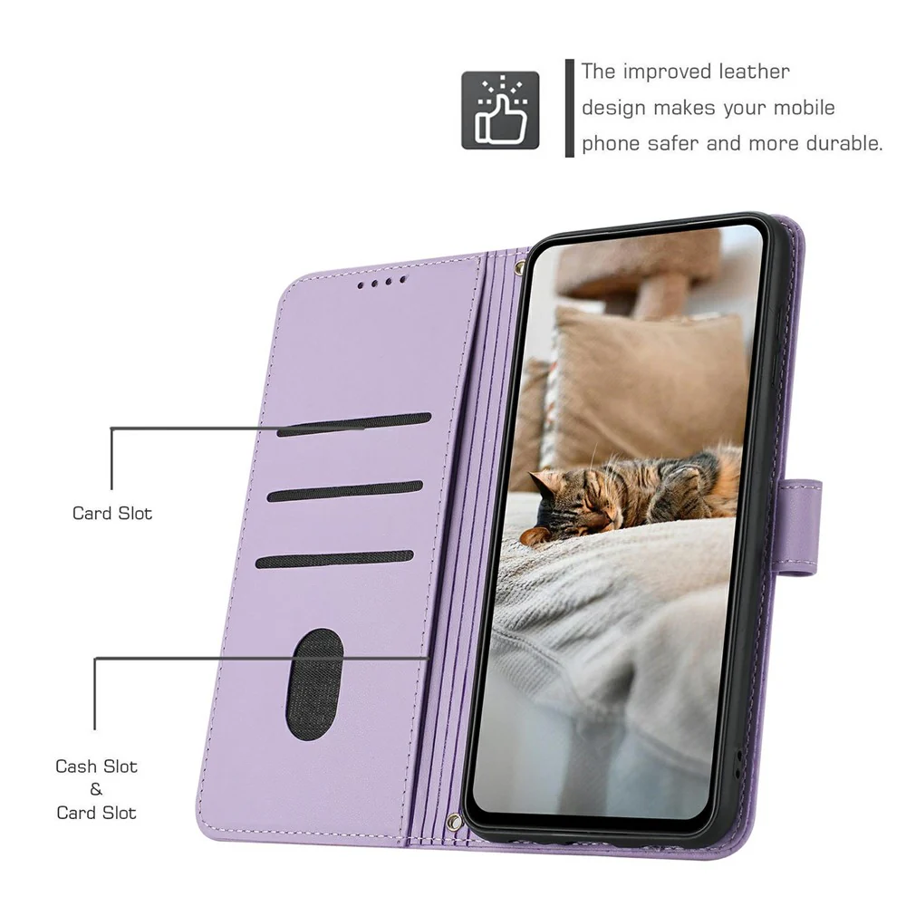 For iPhone 17 Pro Max Wallet Case Cats Imprint Leather Phone Cover with Strap - Purple - Image 3