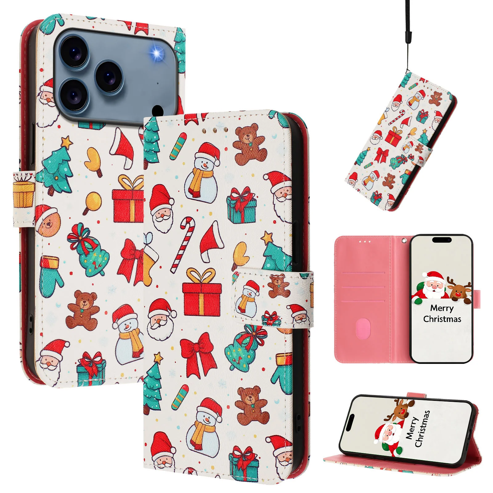 For iPhone 17 Pro Max Wallet Case Christmas Pattern Printing Leather Phone Cover with Lanyard - Christmas Elements - Image 2