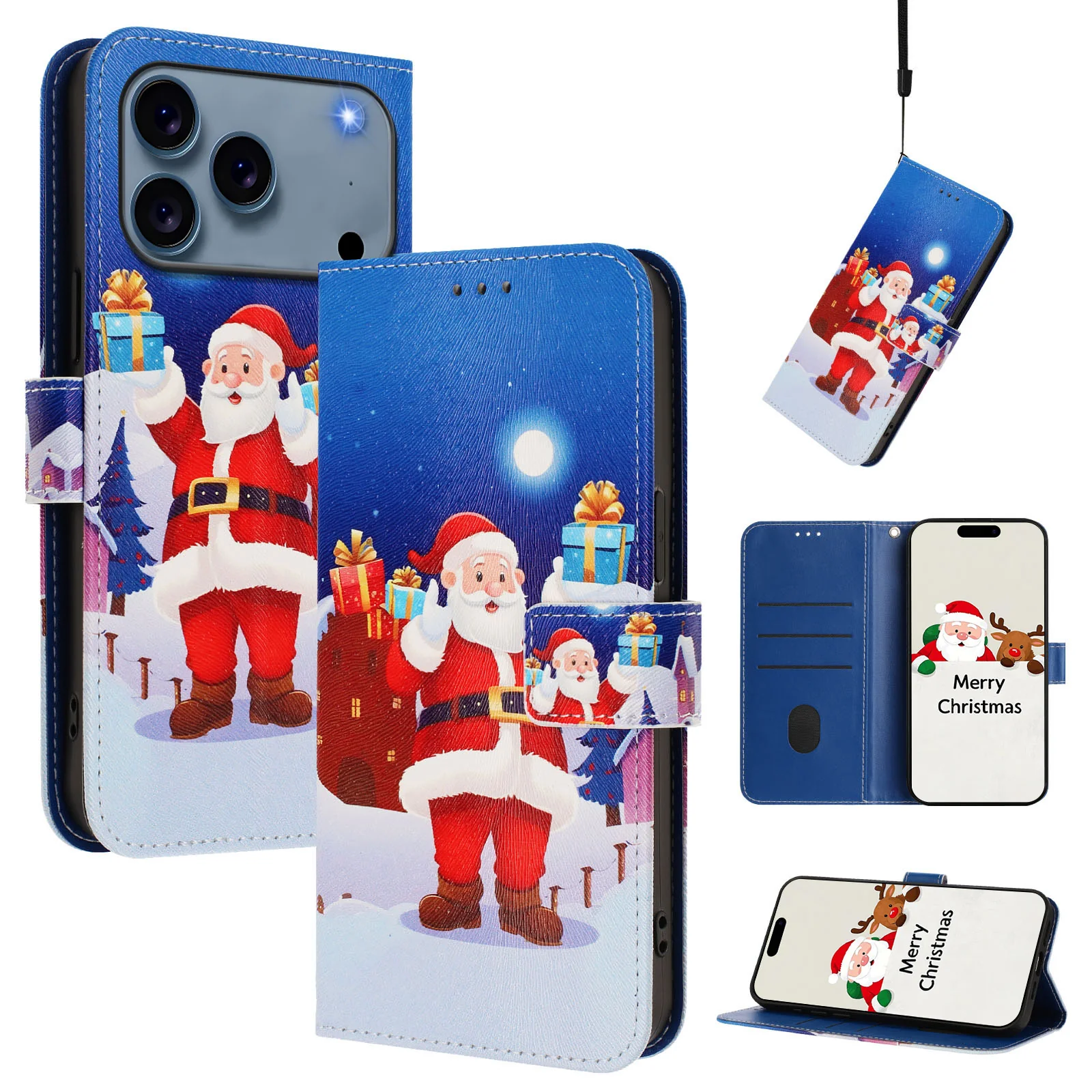 For iPhone 17 Pro Max Wallet Case Christmas Pattern Printing Leather Phone Cover with Lanyard - Christmas Night Scene - Image 2