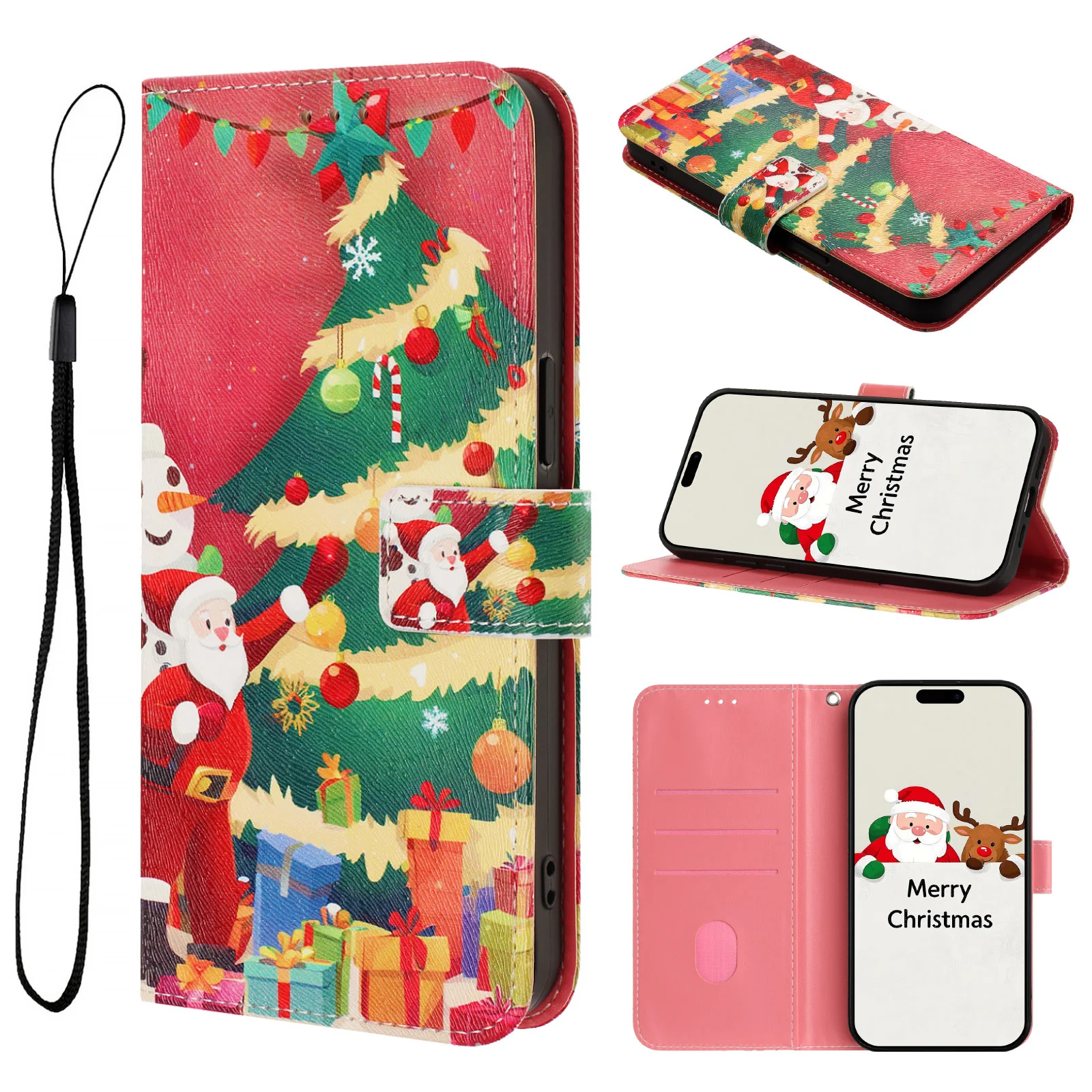 For iPhone 17 Pro Max Wallet Case Christmas Pattern Printing Leather Phone Cover with Lanyard - Christmas Tree - Image 4