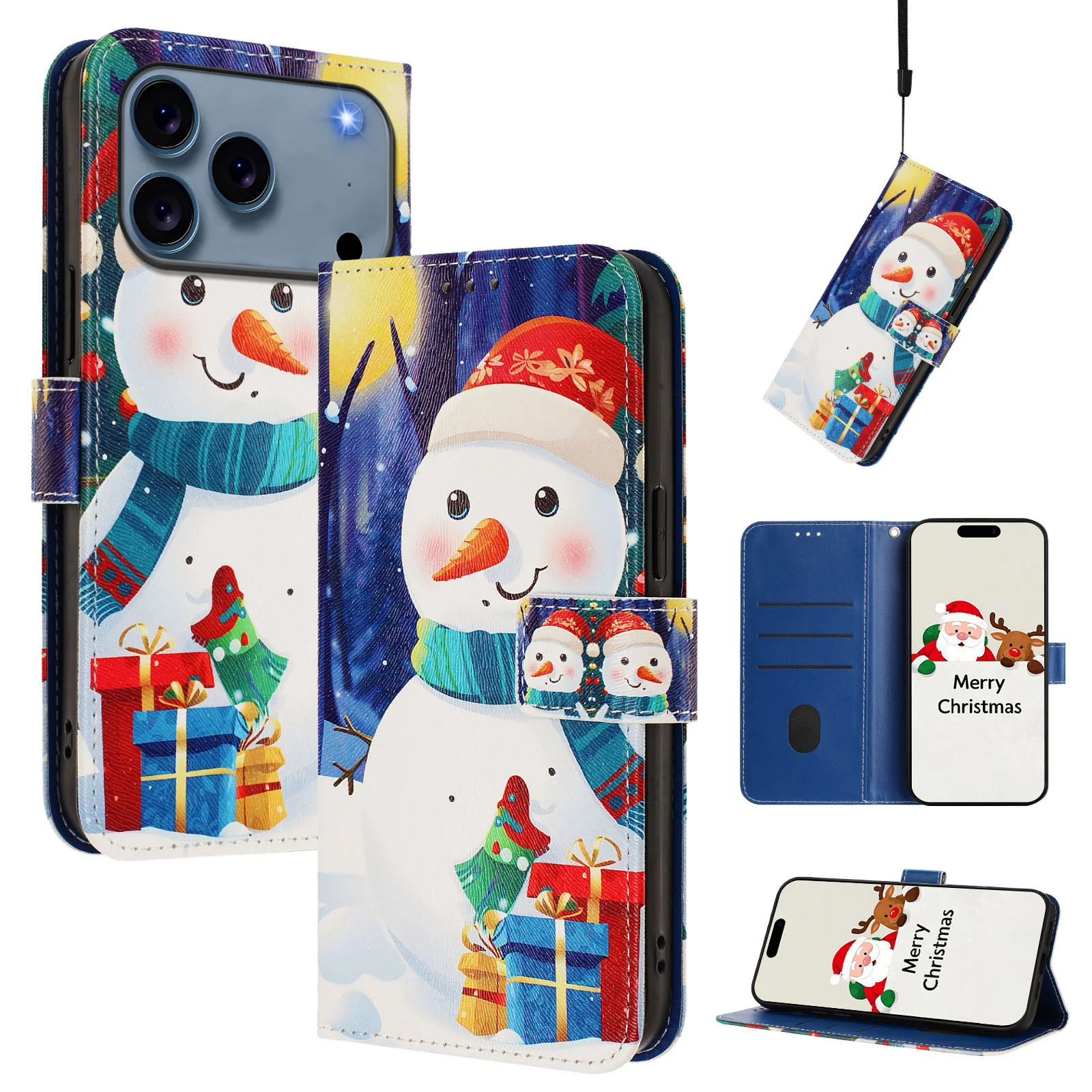 For iPhone 17 Pro Max Wallet Case Christmas Pattern Printing Leather Phone Cover with Lanyard - Gift Box Snowman - Image 2