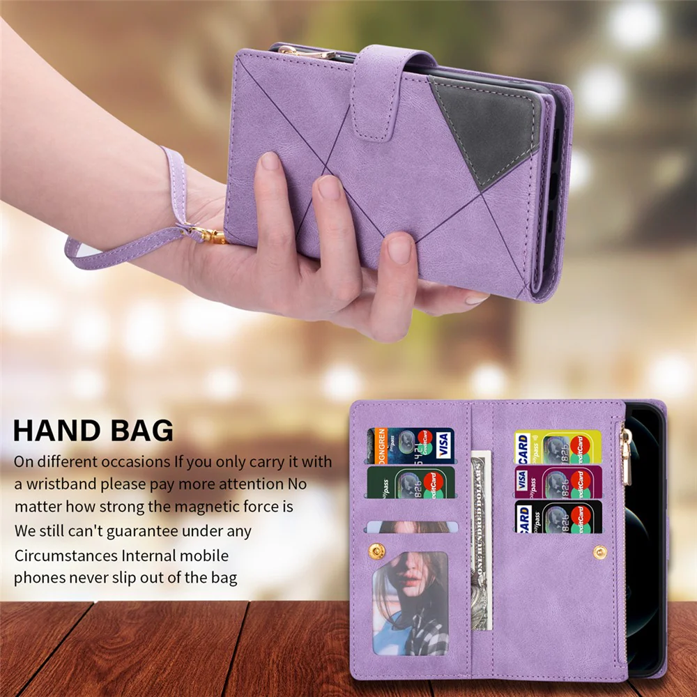 For iPhone 17 Pro Max Wallet Case Color Splicing Leather Phone Cover with Stand - Purple - Image 7
