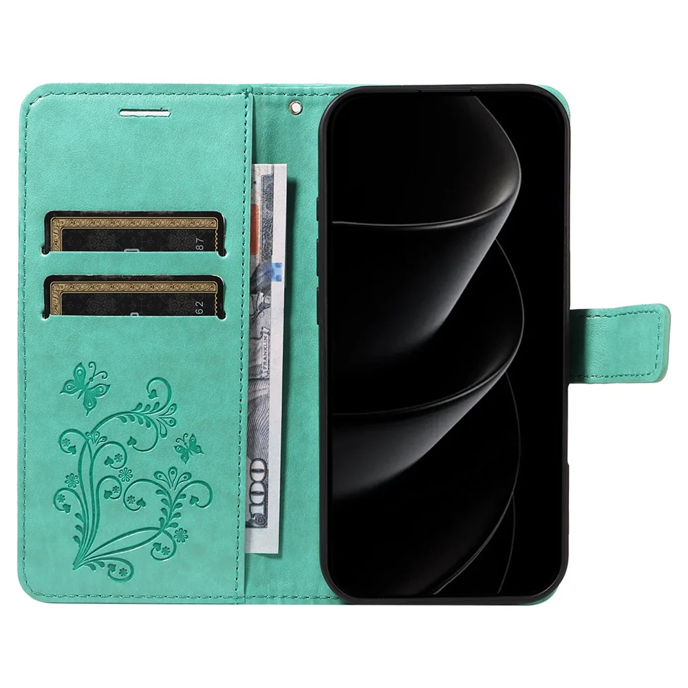 For iPhone 17 Pro Max Wallet Case Floral Butterfly Imprinted Leather Phone Cover Stand - Green - Image 2