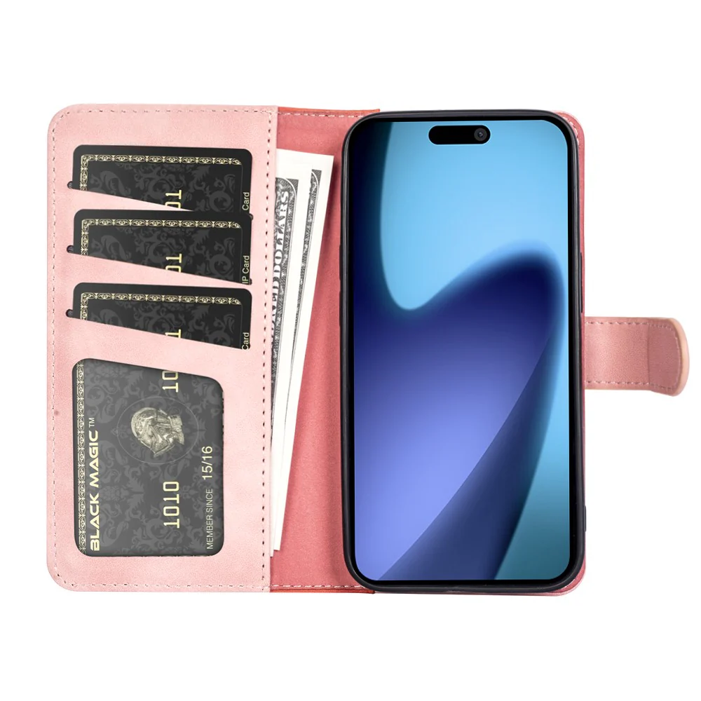 For iPhone 17 Pro Max Wallet Case Leather Phone Cover Splicing Color - Pink - Image 2