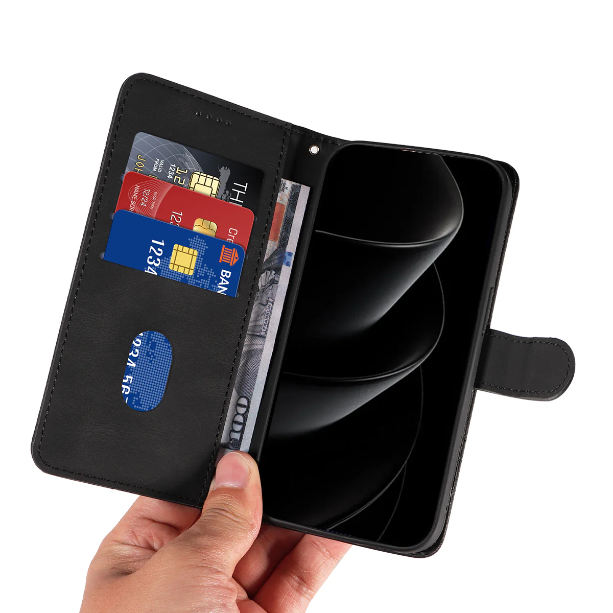 For iPhone 17 Pro Max Wallet Case Leather Phone Cover Stand with Curved Line Design -  Black - Image 7