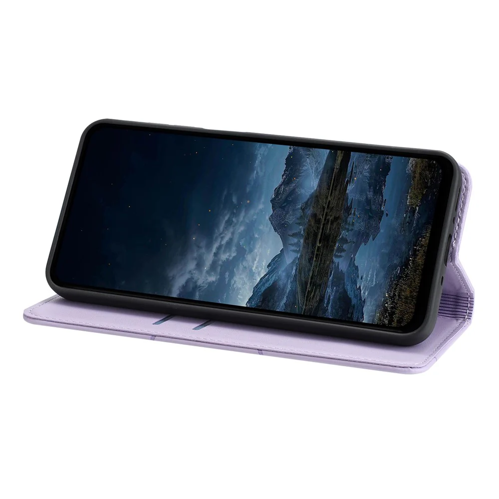 For iPhone 17 Pro Max Wallet Case Line Imprinted Leather Stand Phone Cover with Wrist Strap - Purple - Image 2