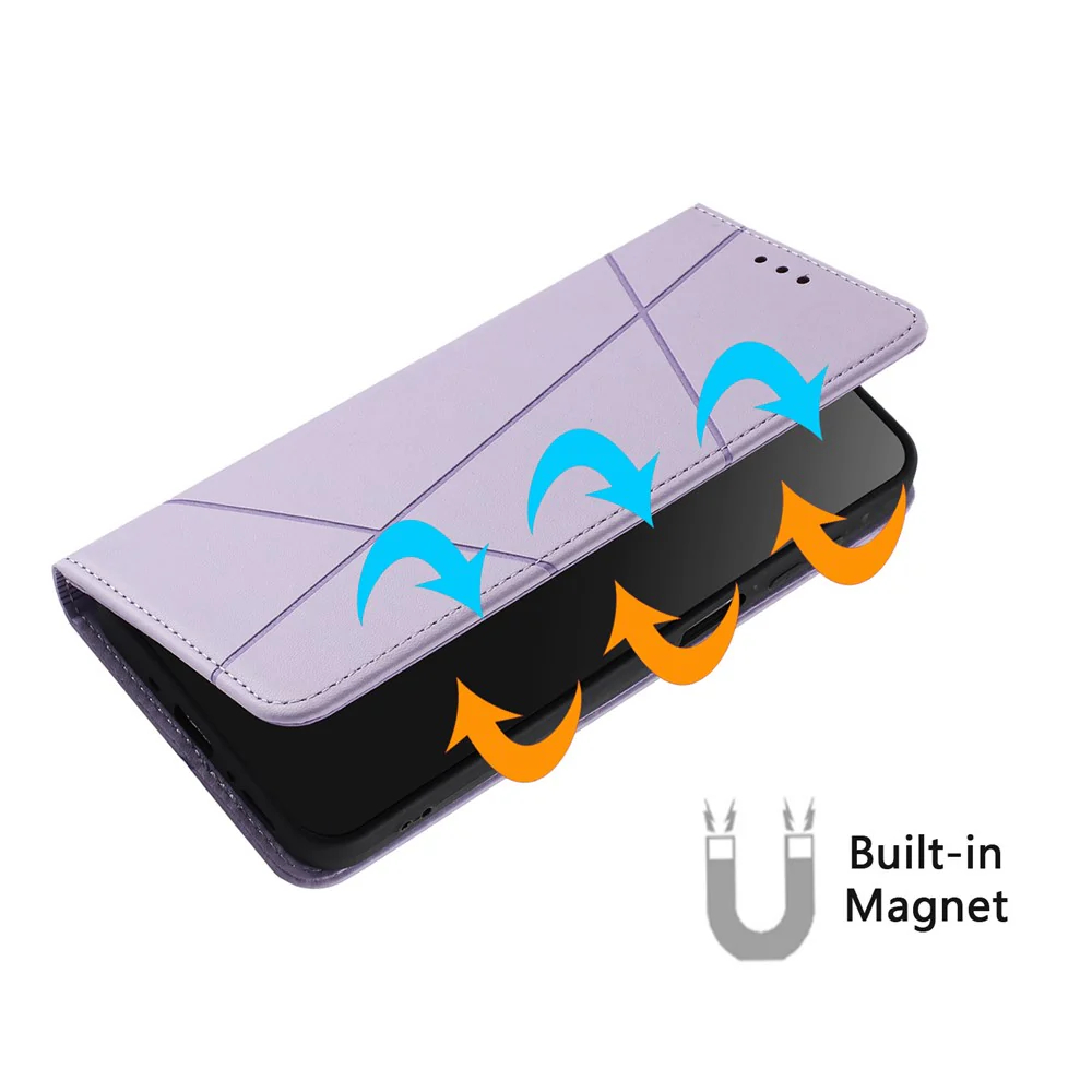 For iPhone 17 Pro Max Wallet Case Line Imprinted Leather Stand Phone Cover with Wrist Strap - Purple - Image 5