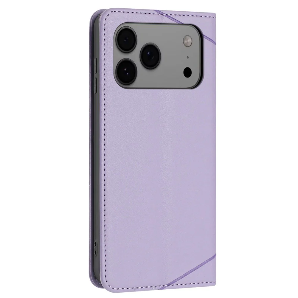 For iPhone 17 Pro Max Wallet Case Line Imprinted Leather Stand Phone Cover with Wrist Strap - Purple - Image 7
