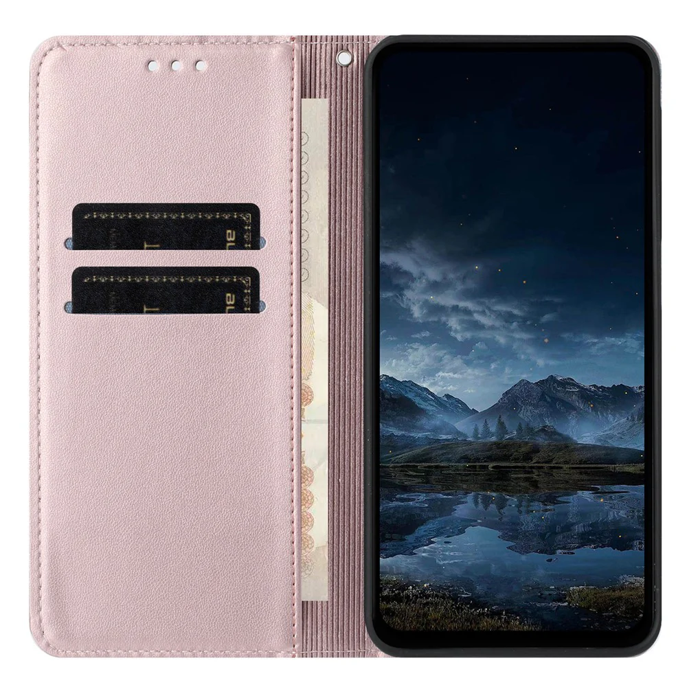 For iPhone 17 Pro Max Wallet Case Line Imprinted Leather Stand Phone Cover with Wrist Strap - Rose Gold - Image 3