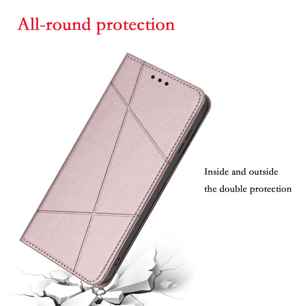 For iPhone 17 Pro Max Wallet Case Line Imprinted Leather Stand Phone Cover with Wrist Strap - Rose Gold - Image 4