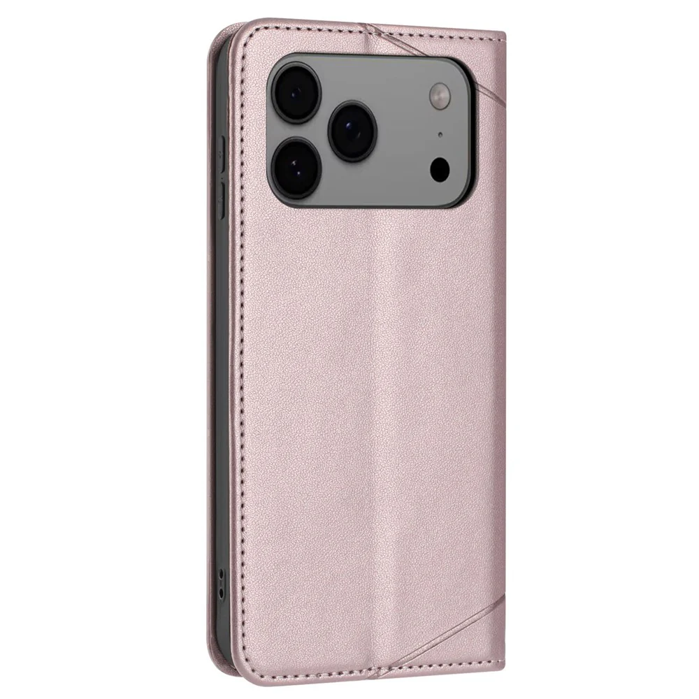 For iPhone 17 Pro Max Wallet Case Line Imprinted Leather Stand Phone Cover with Wrist Strap - Rose Gold - Image 7