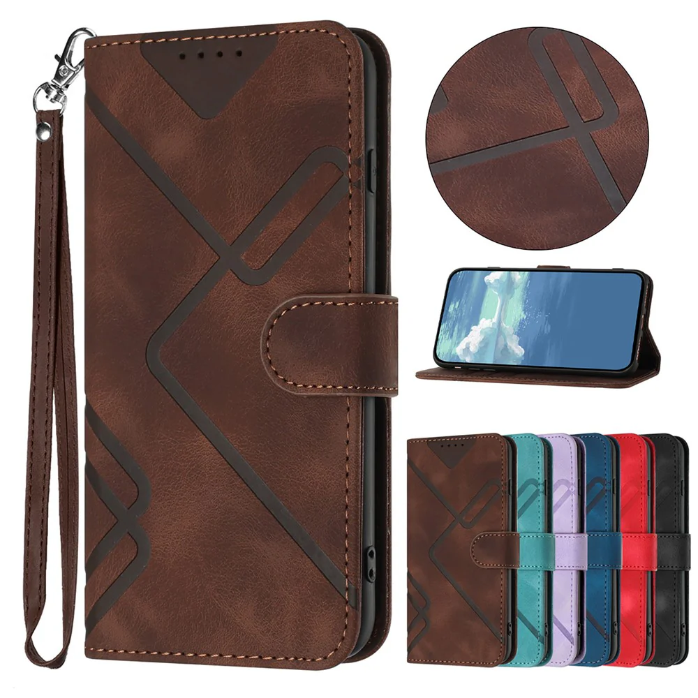 For iPhone 17 Pro Max Wallet Case Line Imprinted PU Leather Phone Cover with Strap - Brown - Image 2