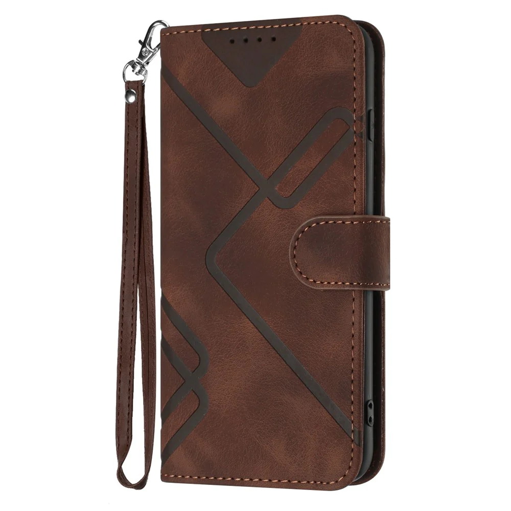 For iPhone 17 Pro Max Wallet Case Line Imprinted PU Leather Phone Cover with Strap - Brown - Image 3