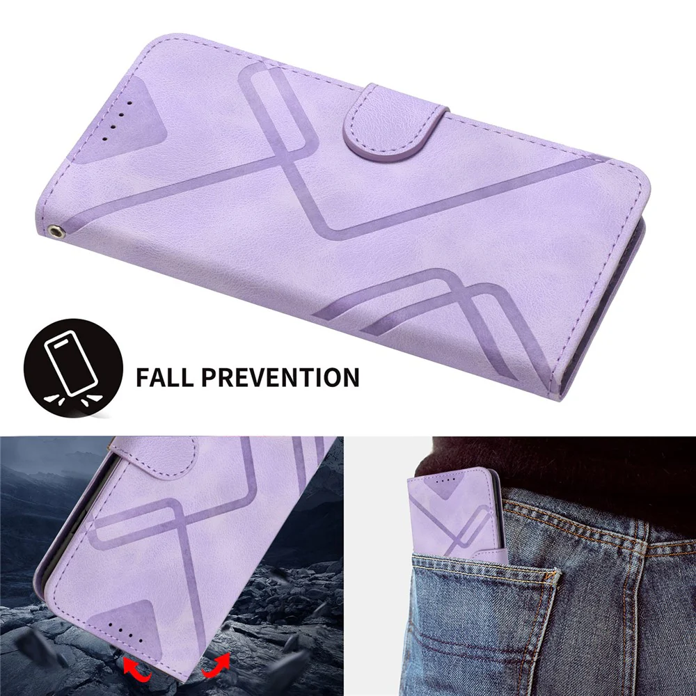 For iPhone 17 Pro Max Wallet Case Line Imprinted PU Leather Phone Cover with Strap - Purple - Image 6