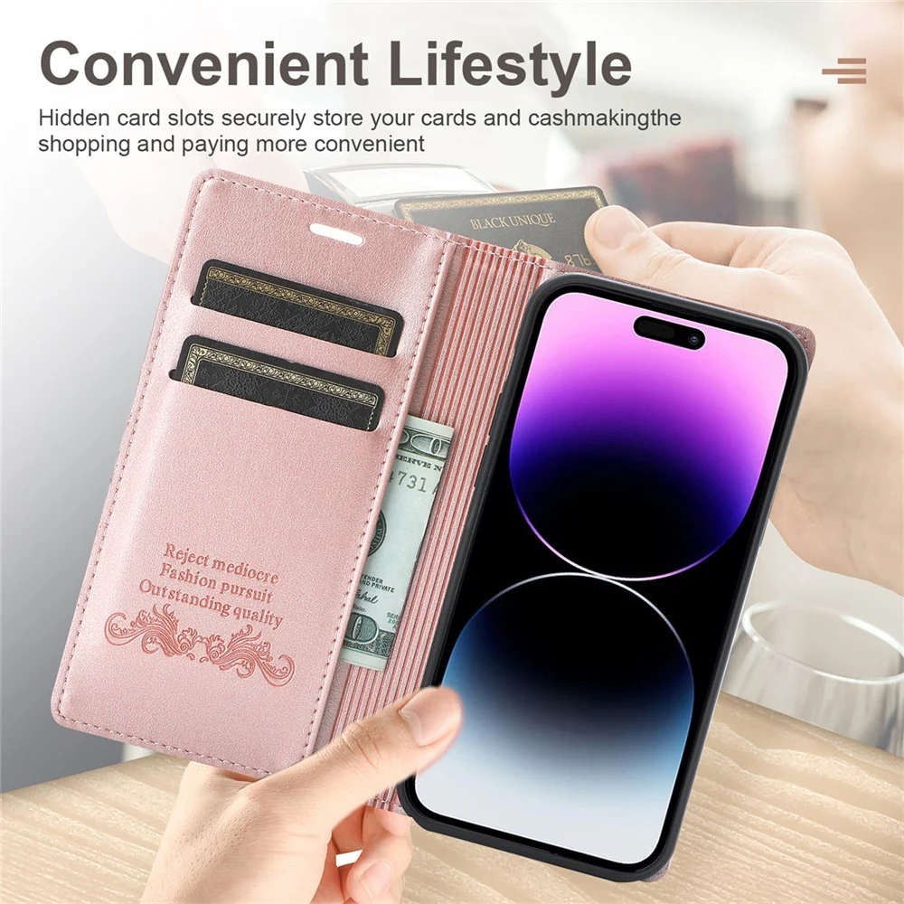 For iPhone 17 Pro Max Wallet Case Magnetic Closing Leather Phone Cover - Rose Gold - Image 6
