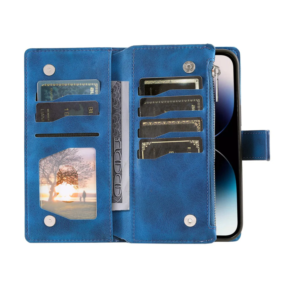 For iPhone 17 Pro Max Wallet Case Mandala Flower Pattern PU Leather Phone Cover with Wrist Strap - Blue - Image 3