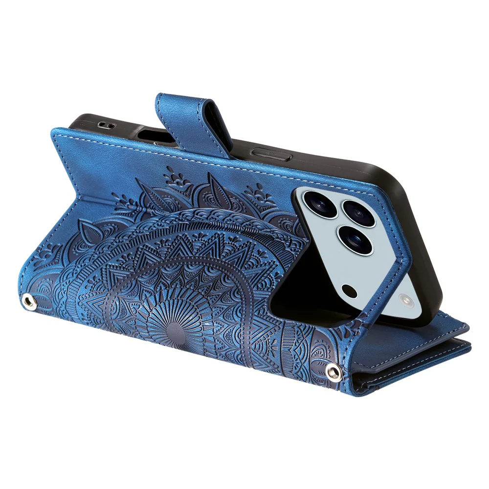 For iPhone 17 Pro Max Wallet Case Mandala Flower Pattern PU Leather Phone Cover with Wrist Strap - Blue - Image 4