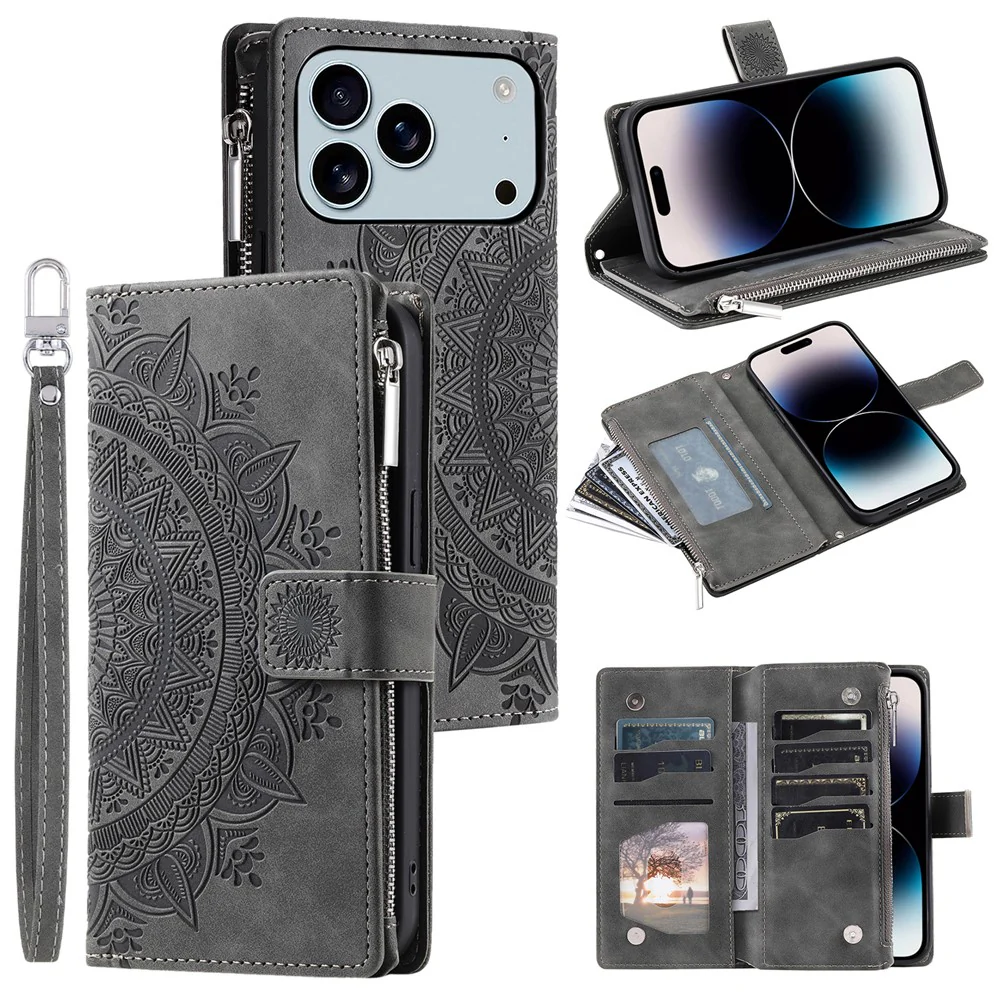 For iPhone 17 Pro Max Wallet Case Mandala Flower Pattern PU Leather Phone Cover with Wrist Strap - Grey