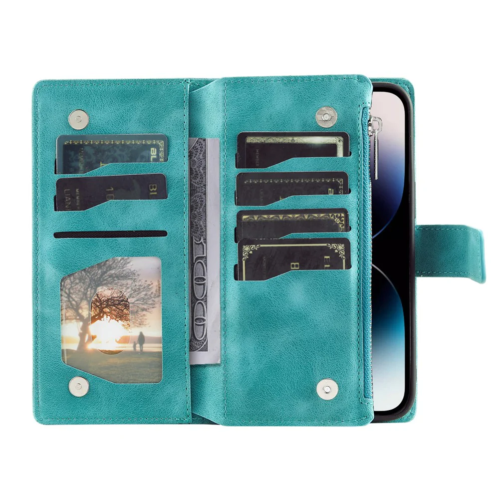 For iPhone 17 Pro Max Wallet Case Mandala Flower Pattern PU Leather Phone Cover with Wrist Strap - Mint Green - Image 2