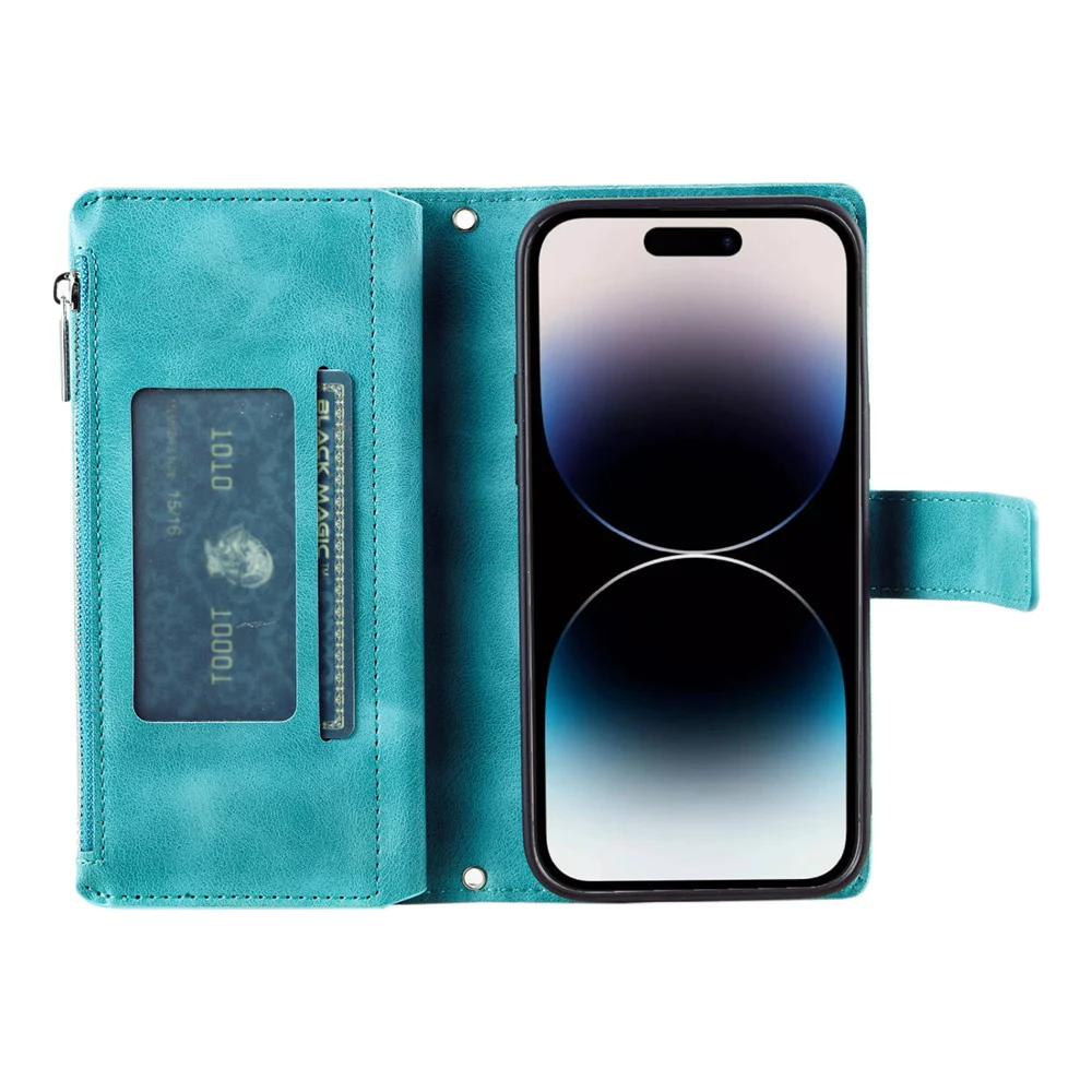 For iPhone 17 Pro Max Wallet Case Mandala Flower Pattern PU Leather Phone Cover with Wrist Strap - Mint Green - Image 3