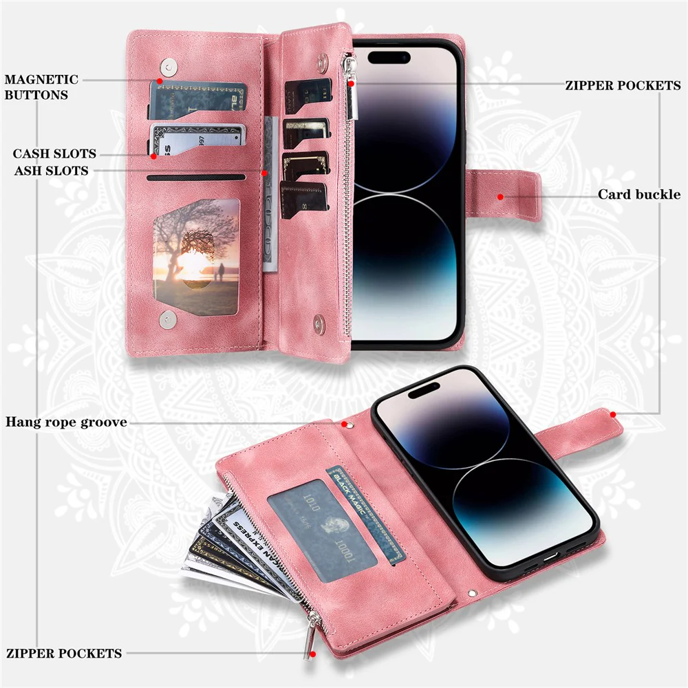 For iPhone 17 Pro Max Wallet Case Mandala Flower Pattern PU Leather Phone Cover with Wrist Strap - Rose Gold - Image 5