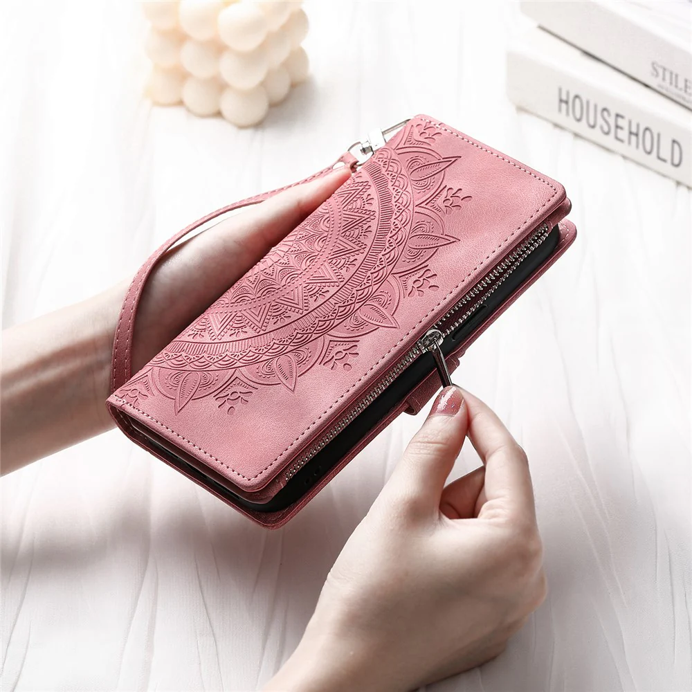 For iPhone 17 Pro Max Wallet Case Mandala Flower Pattern PU Leather Phone Cover with Wrist Strap - Rose Gold - Image 7
