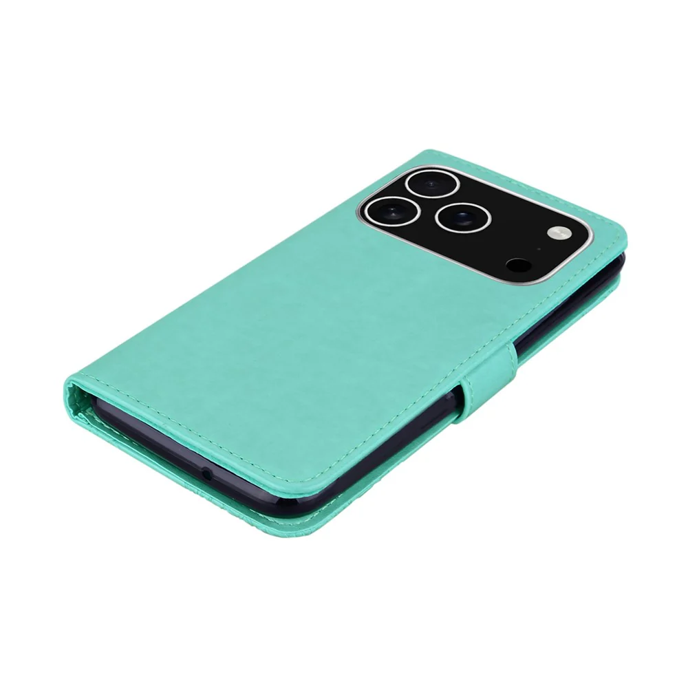 For iPhone 17 Pro Max Wallet Case Owl Flower Imprinted Rhinestone Leather Cover - Cyan - Image 5
