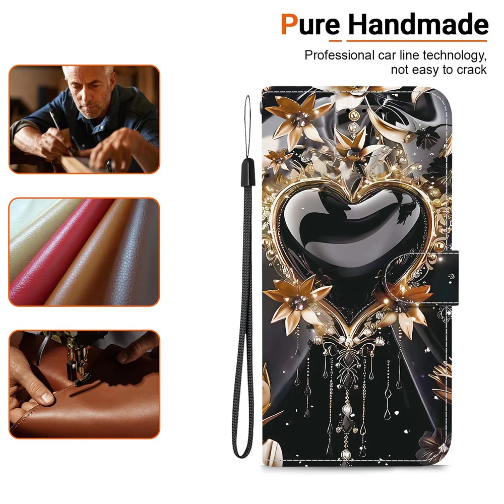 For iPhone 17 Pro Max Wallet Case Pattern Printing Leather Stand Phone Cover with Strap - Black Gold Heart - Image 4