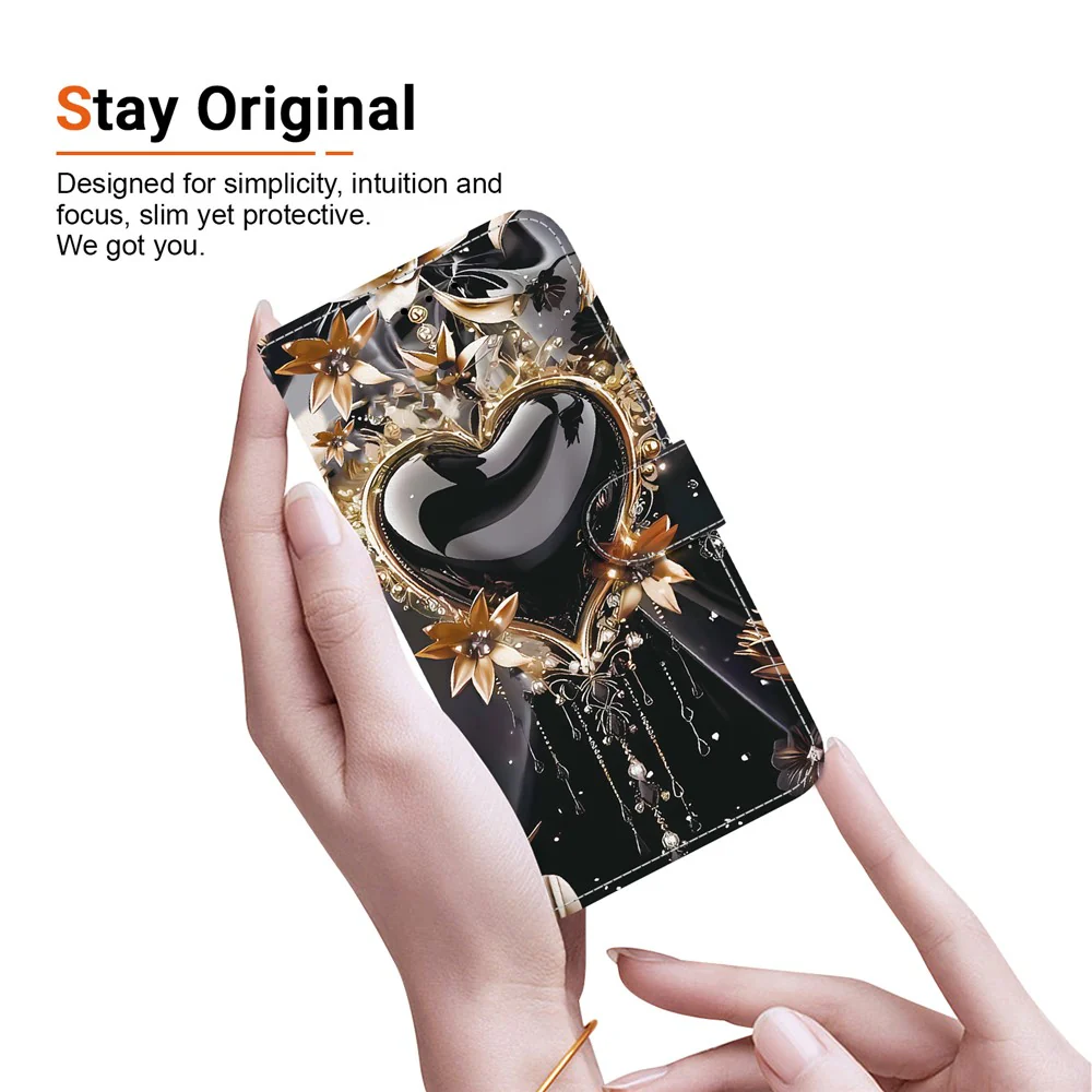 For iPhone 17 Pro Max Wallet Case Pattern Printing Leather Stand Phone Cover with Strap - Black Gold Heart - Image 5
