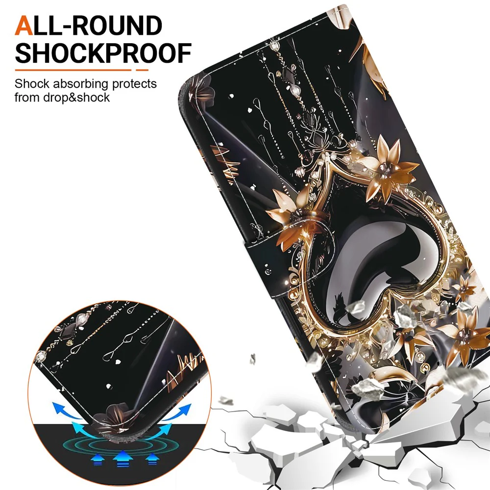 For iPhone 17 Pro Max Wallet Case Pattern Printing Leather Stand Phone Cover with Strap - Black Gold Heart - Image 6