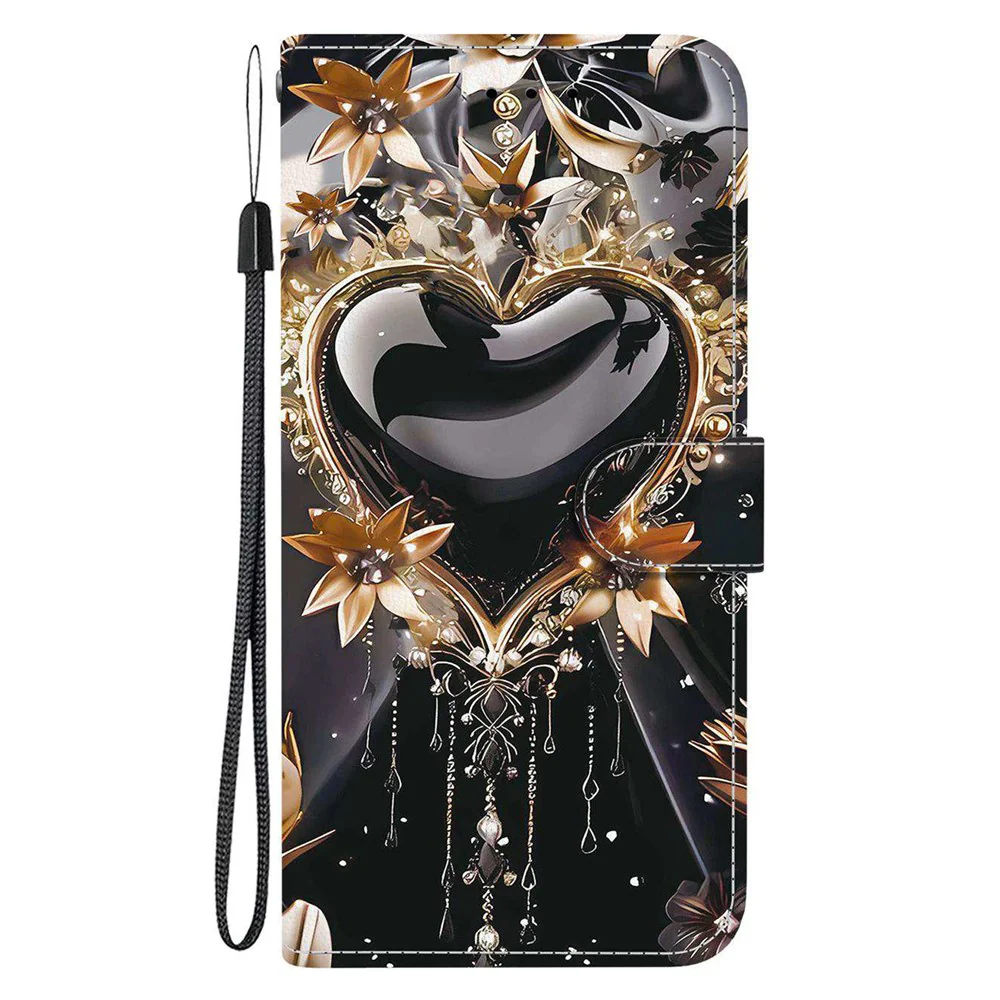 For iPhone 17 Pro Max Wallet Case Pattern Printing Leather Stand Phone Cover with Strap - Black Gold Heart - Image 7