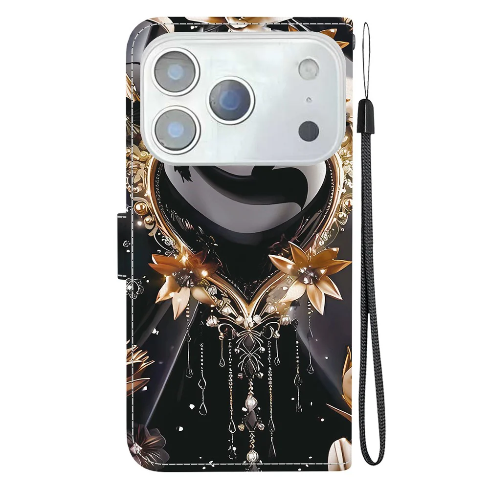 For iPhone 17 Pro Max Wallet Case Pattern Printing Leather Stand Phone Cover with Strap - Black Gold Heart - Image 8