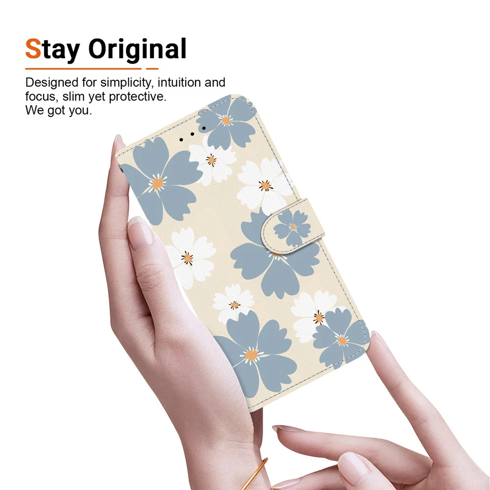 For iPhone 17 Pro Max Wallet Case Pattern Printing Leather Stand Phone Cover with Strap - Blue Daisy - Image 5
