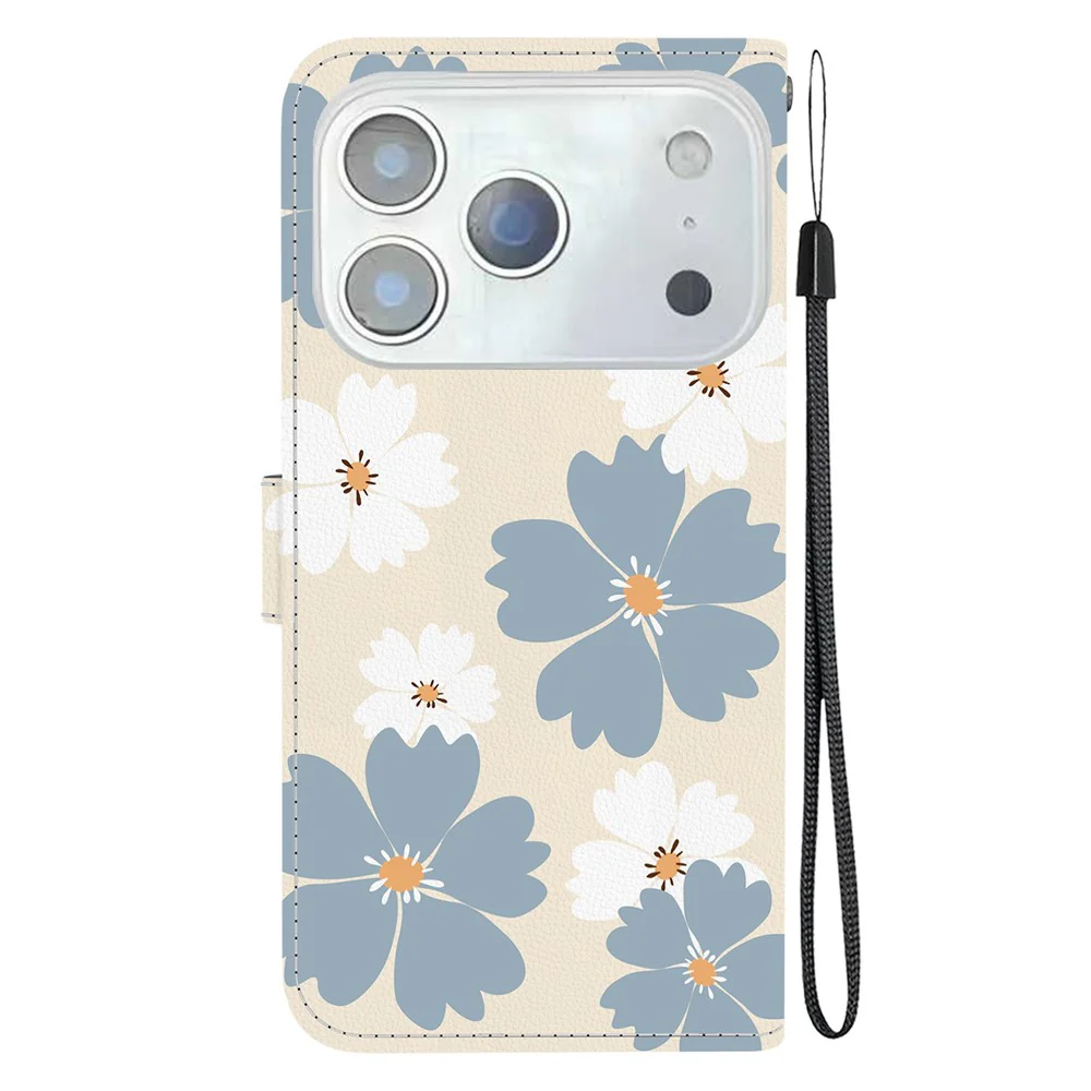 For iPhone 17 Pro Max Wallet Case Pattern Printing Leather Stand Phone Cover with Strap - Blue Daisy - Image 8