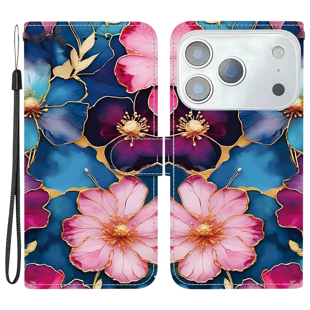For iPhone 17 Pro Max Wallet Case Pattern Printing Leather Stand Phone Cover with Strap - Blue Gold Flower
