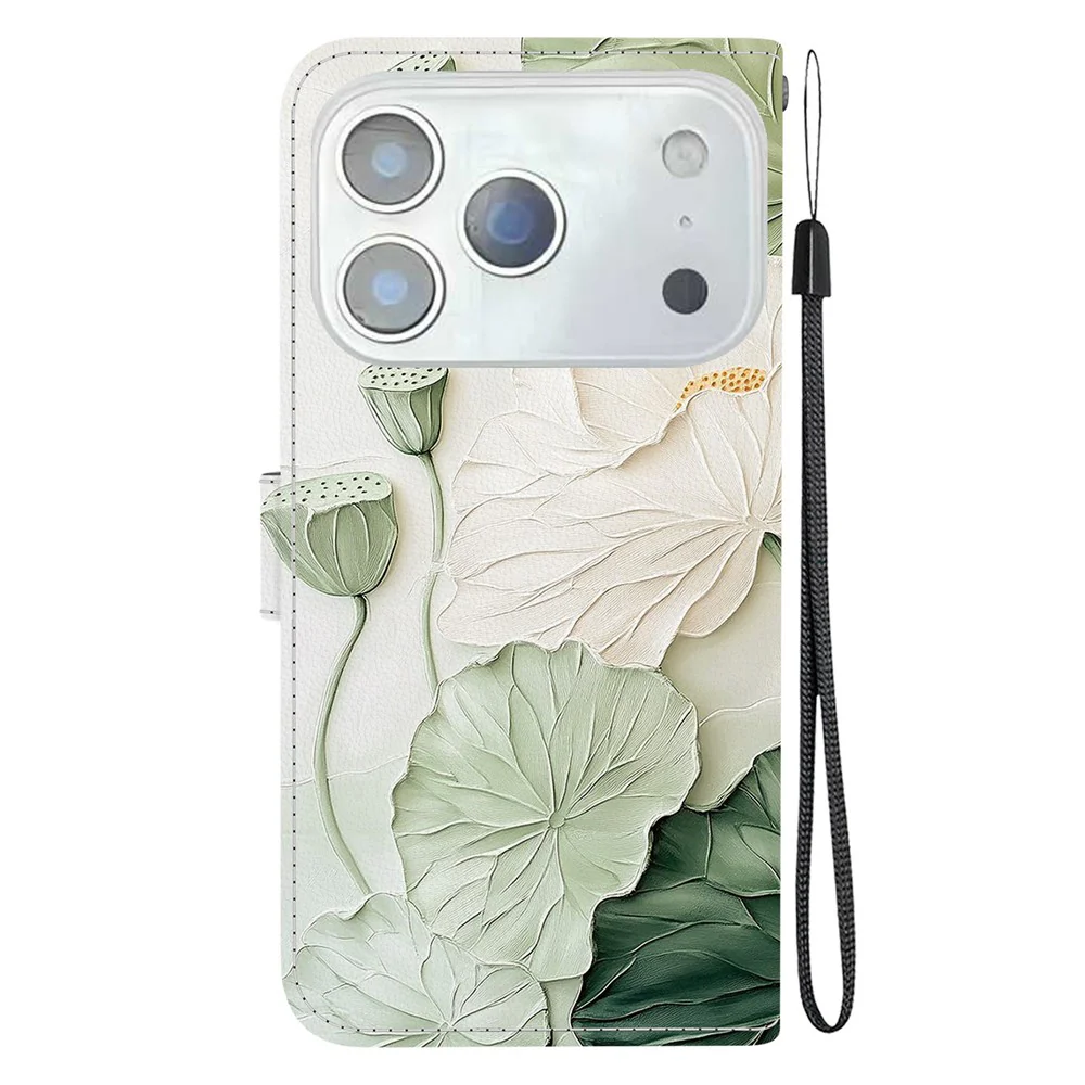 For iPhone 17 Pro Max Wallet Case Pattern Printing Leather Stand Phone Cover with Strap - Lotus - Image 8