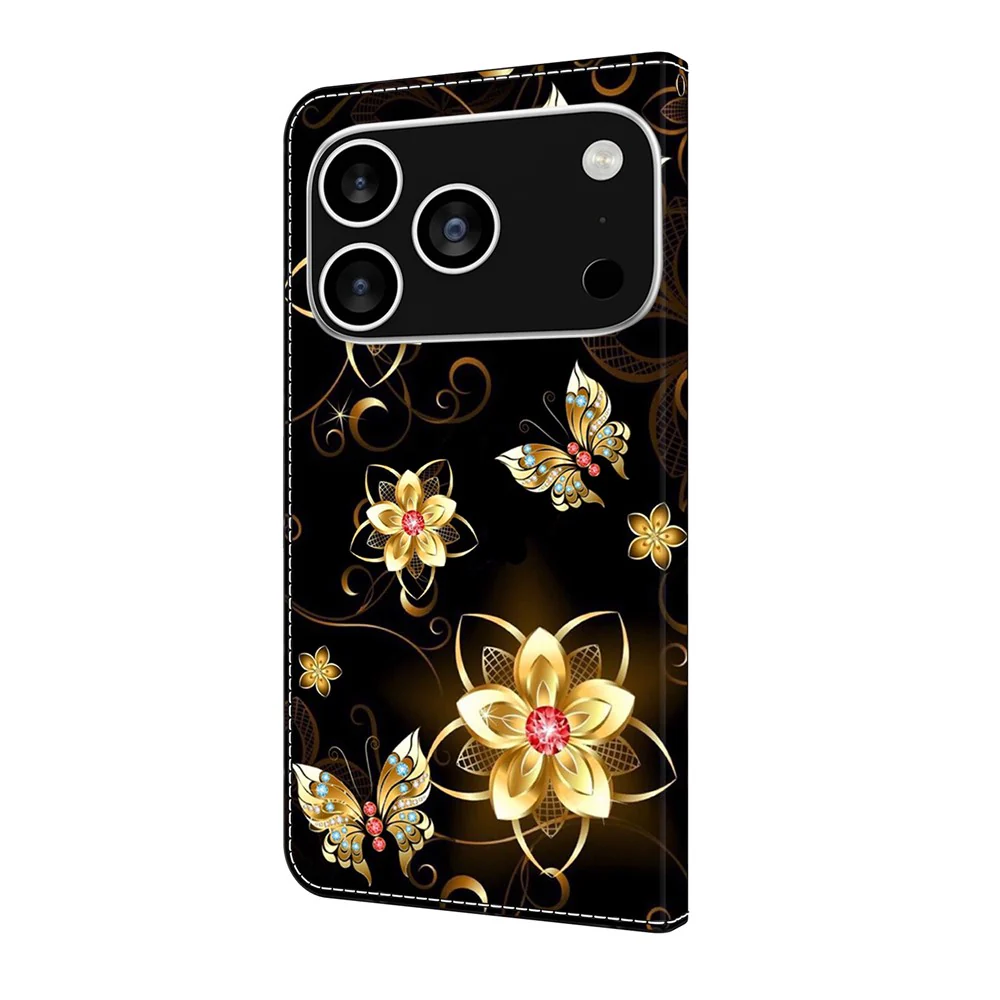 For iPhone 17 Pro Max Wallet Case Pattern Printing PU Leather Flip Stand Phone Cover - Golden Flowers and Butterflies - Image 6