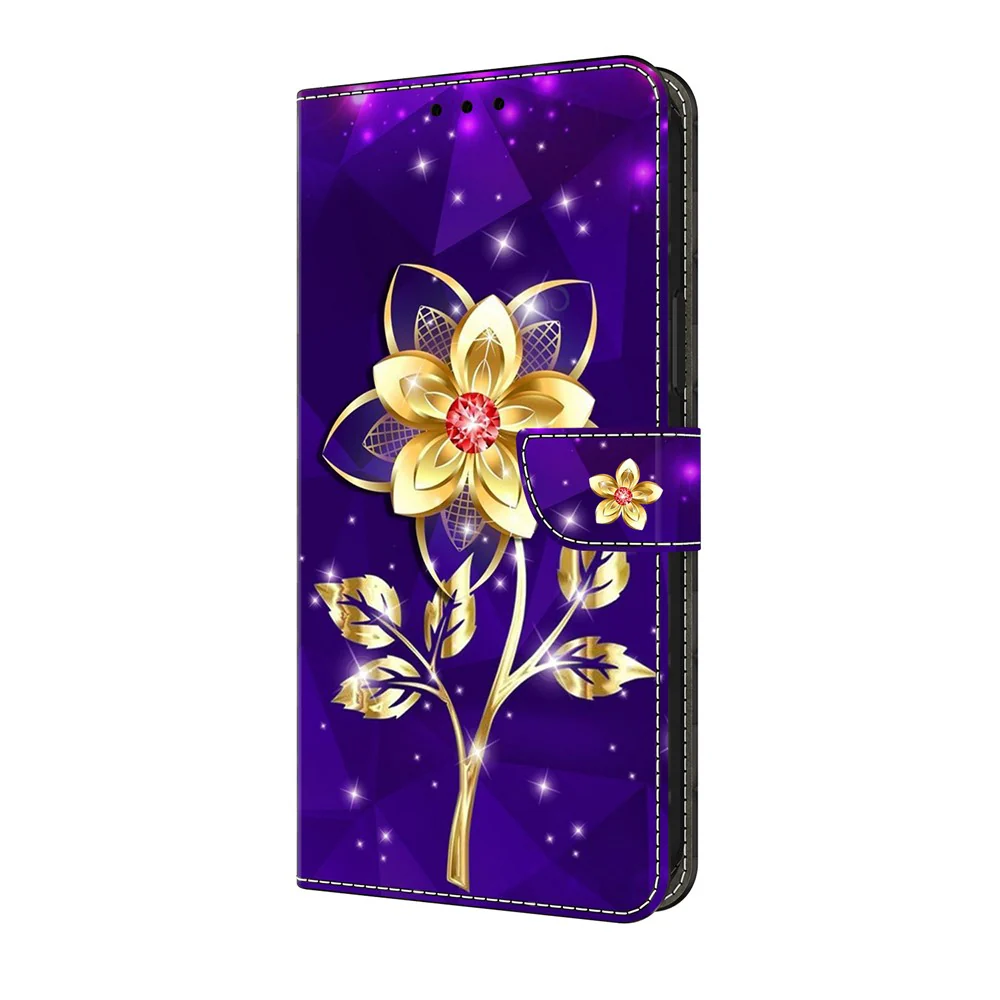 For iPhone 17 Pro Max Wallet Case Pattern Printing PU Leather Flip Stand Phone Cover - Golden Flowers on Purple - Image 5