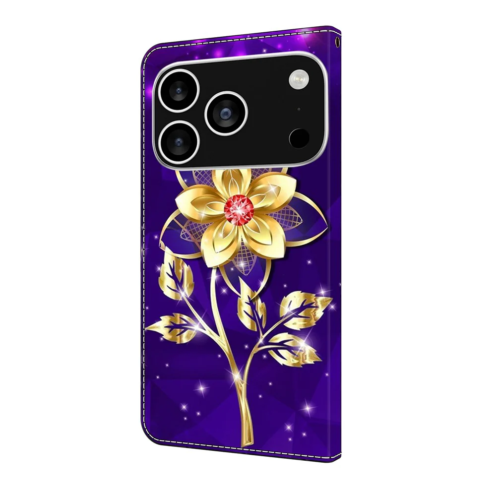 For iPhone 17 Pro Max Wallet Case Pattern Printing PU Leather Flip Stand Phone Cover - Golden Flowers on Purple - Image 6