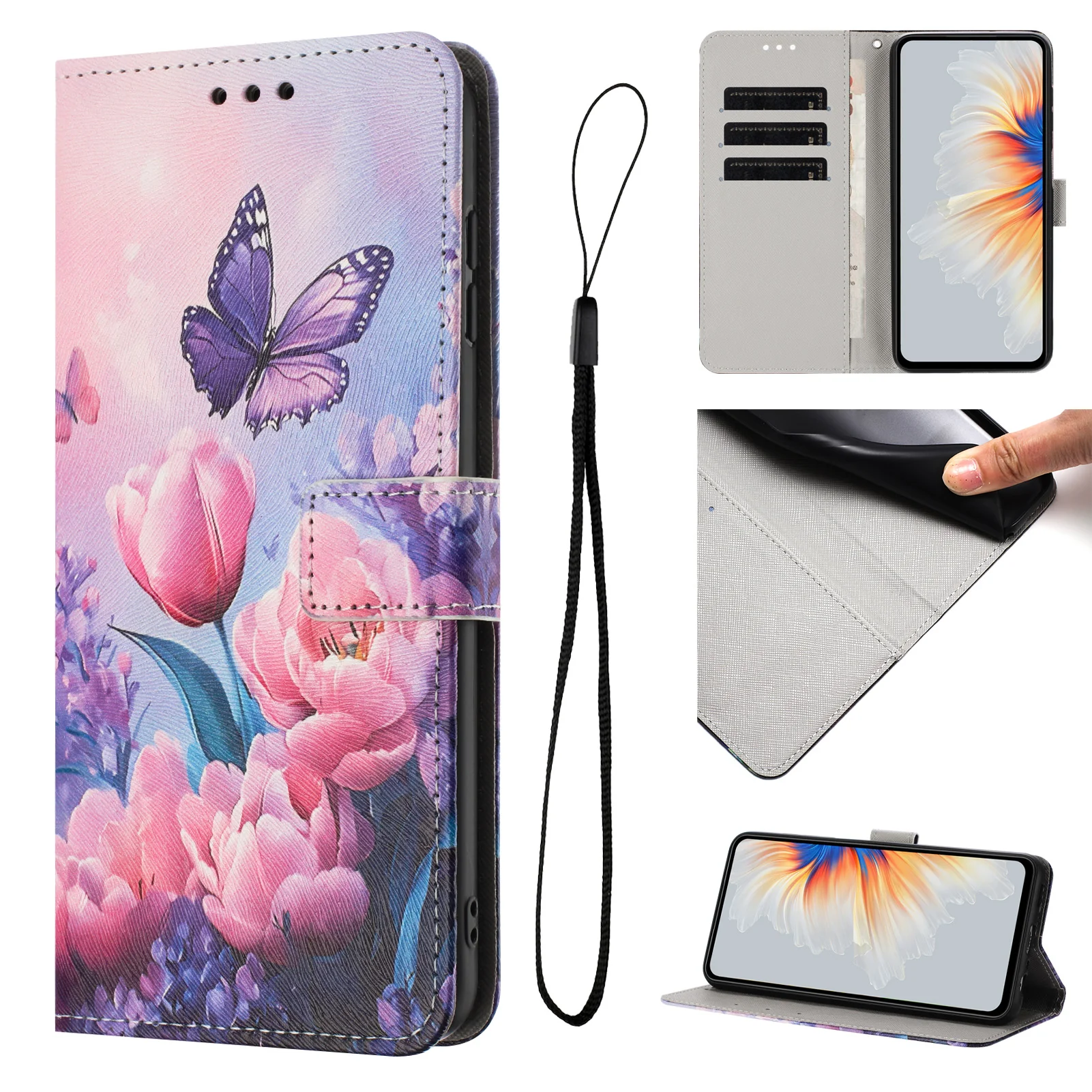 For iPhone 17 Pro Max Wallet Case Pattern Printing PU Leather Phone Cover with Lanyard - Pink Flower Butterfly - Image 3