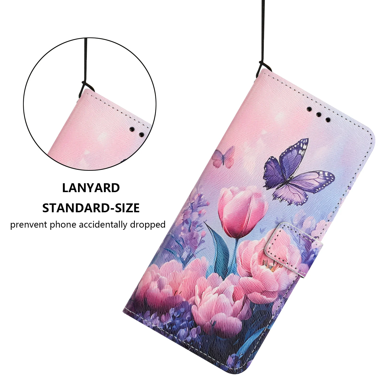 For iPhone 17 Pro Max Wallet Case Pattern Printing PU Leather Phone Cover with Lanyard - Pink Flower Butterfly - Image 5