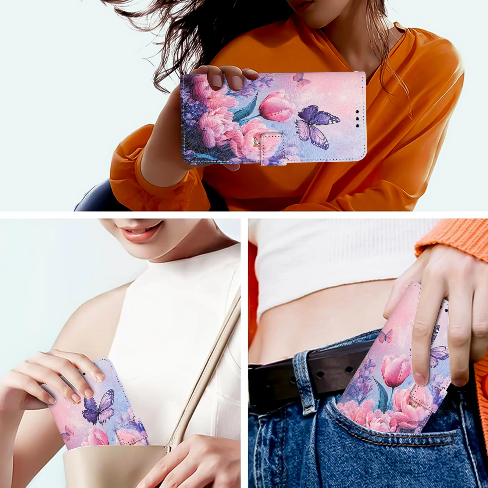For iPhone 17 Pro Max Wallet Case Pattern Printing PU Leather Phone Cover with Lanyard - Pink Flower Butterfly - Image 7