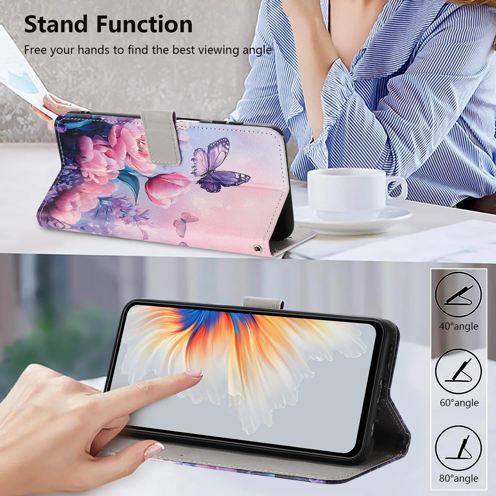 For iPhone 17 Pro Max Wallet Case Pattern Printing PU Leather Phone Cover with Lanyard - Pink Flower Butterfly - Image 8