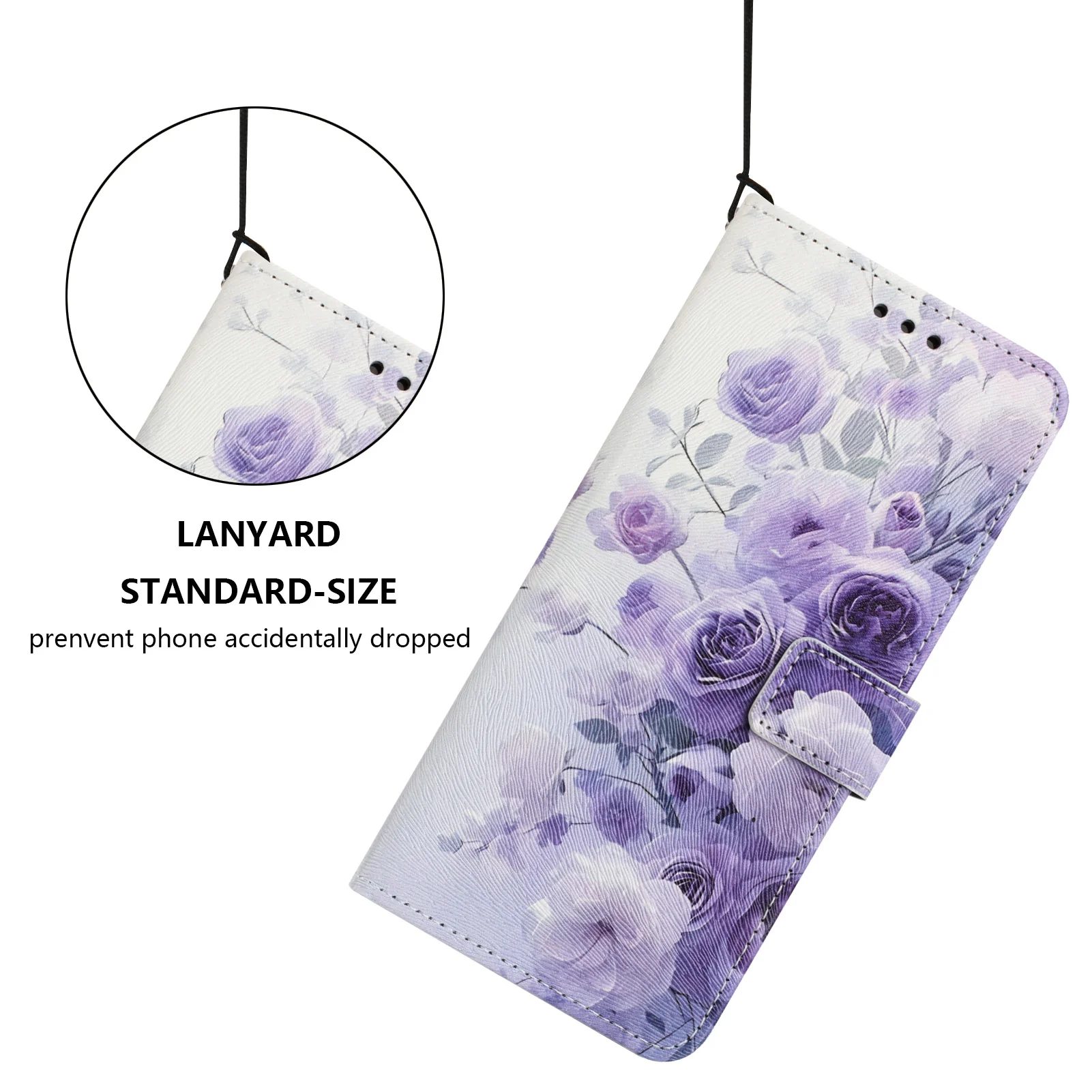 For iPhone 17 Pro Max Wallet Case Pattern Printing PU Leather Phone Cover with Lanyard - Purple Rose - Image 5