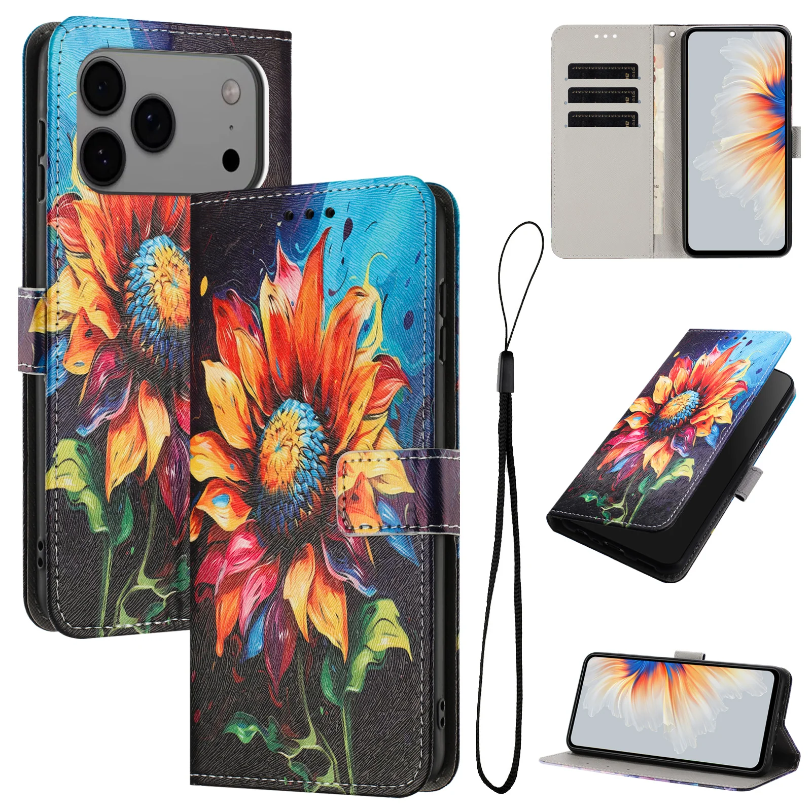 For iPhone 17 Pro Max Wallet Case Pattern Printing PU Leather Phone Cover with Lanyard - Sunflower - Image 2