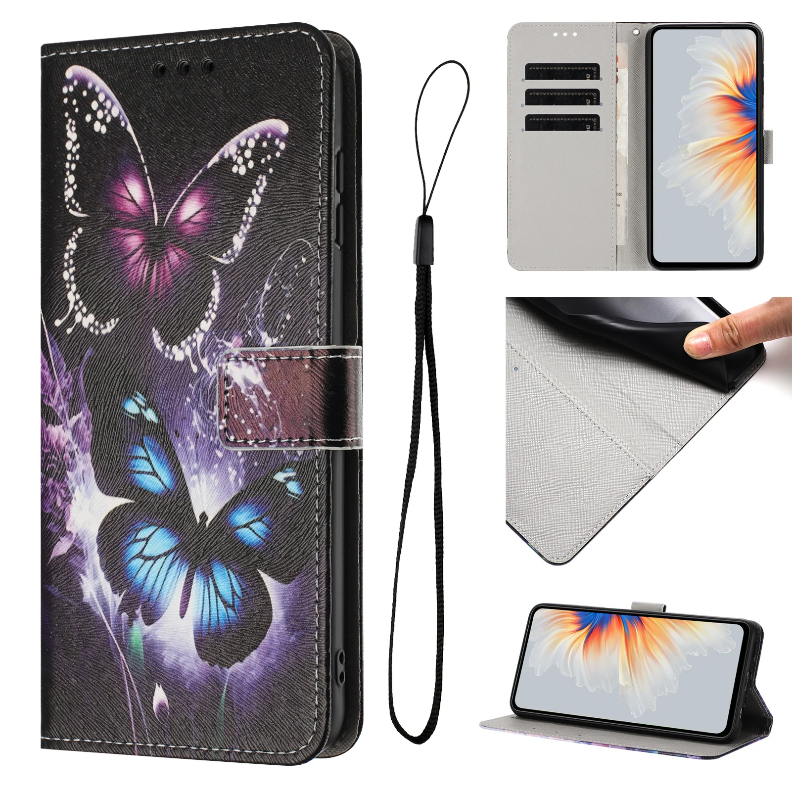 For iPhone 17 Pro Max Wallet Case Pattern Printing PU Leather Phone Cover with Lanyard - Two Butterflies - Image 3
